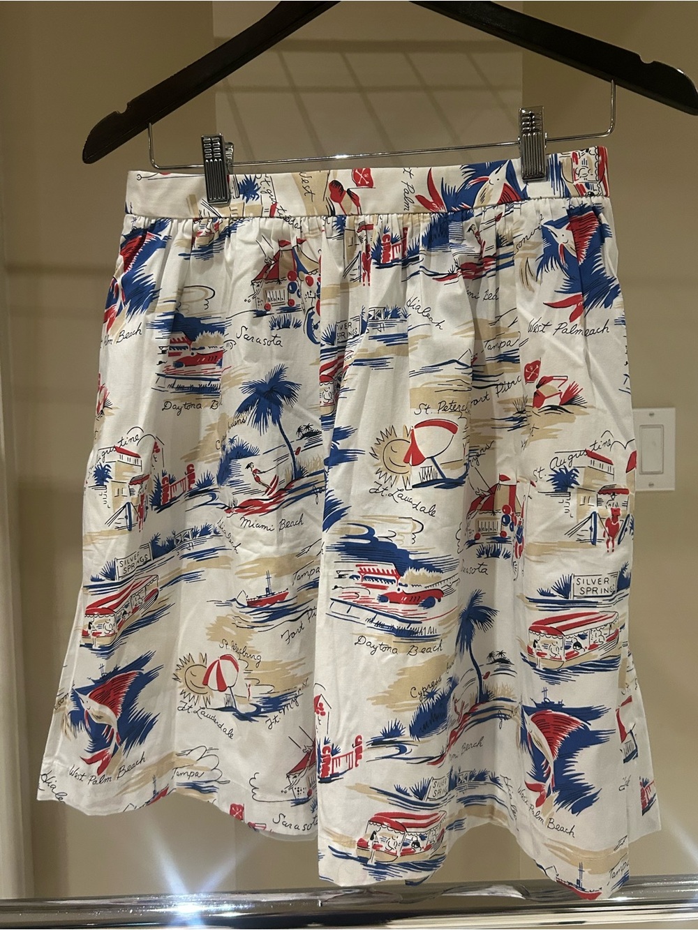 Vintage-Inspired White Tropical Print Skirt with Red & Blue Accents (Florida)